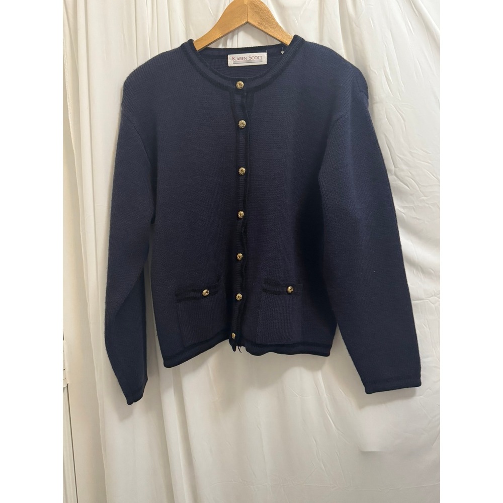 Vintage Karen Scott Navy Blue Wool Blend Cardigan Sweater Gold Buttons Size L